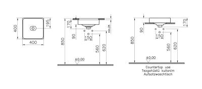 VitrA Metropole Tezgahaltı lavabo 7533B020-1082 Kare - 40x40 cm - armatür deliksiz - su taşma delikli - taupe - 2